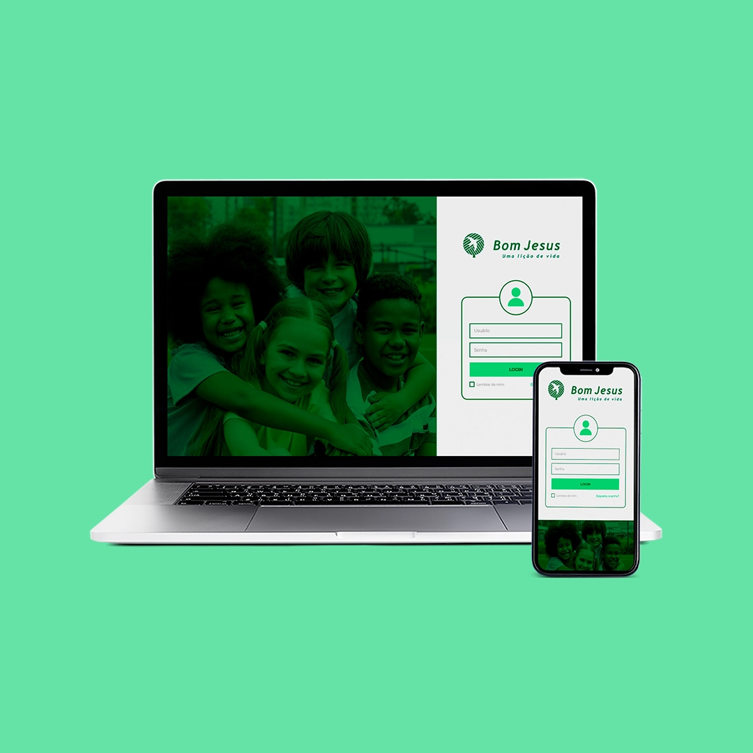 Um notebook junto com um celular, ambos com uma interface de login da empresa Bom Jesus caracteristica pela cor verde-claro
