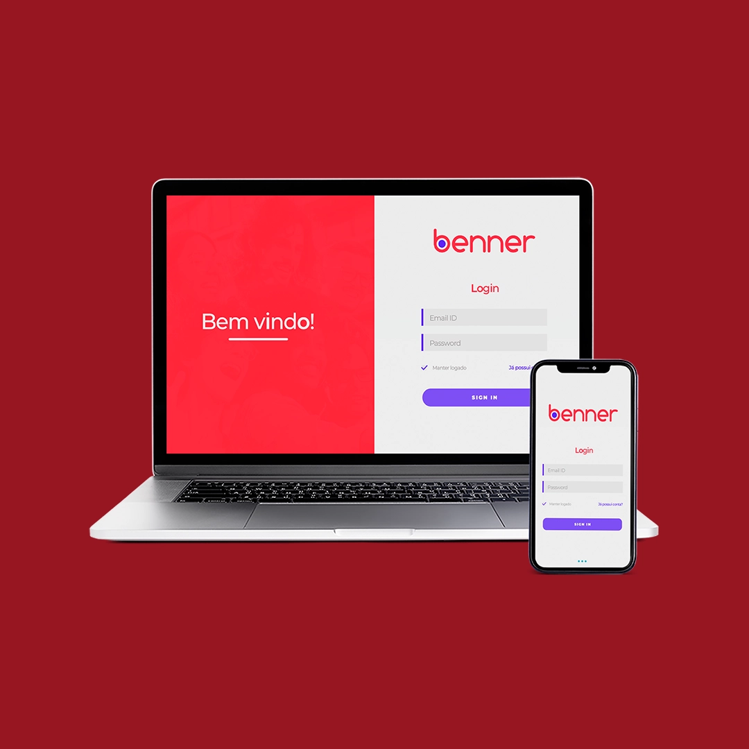 Um notebook junto com um celular, ambos com uma interface de login da empresa Benner caracteristica pela cor vermelha